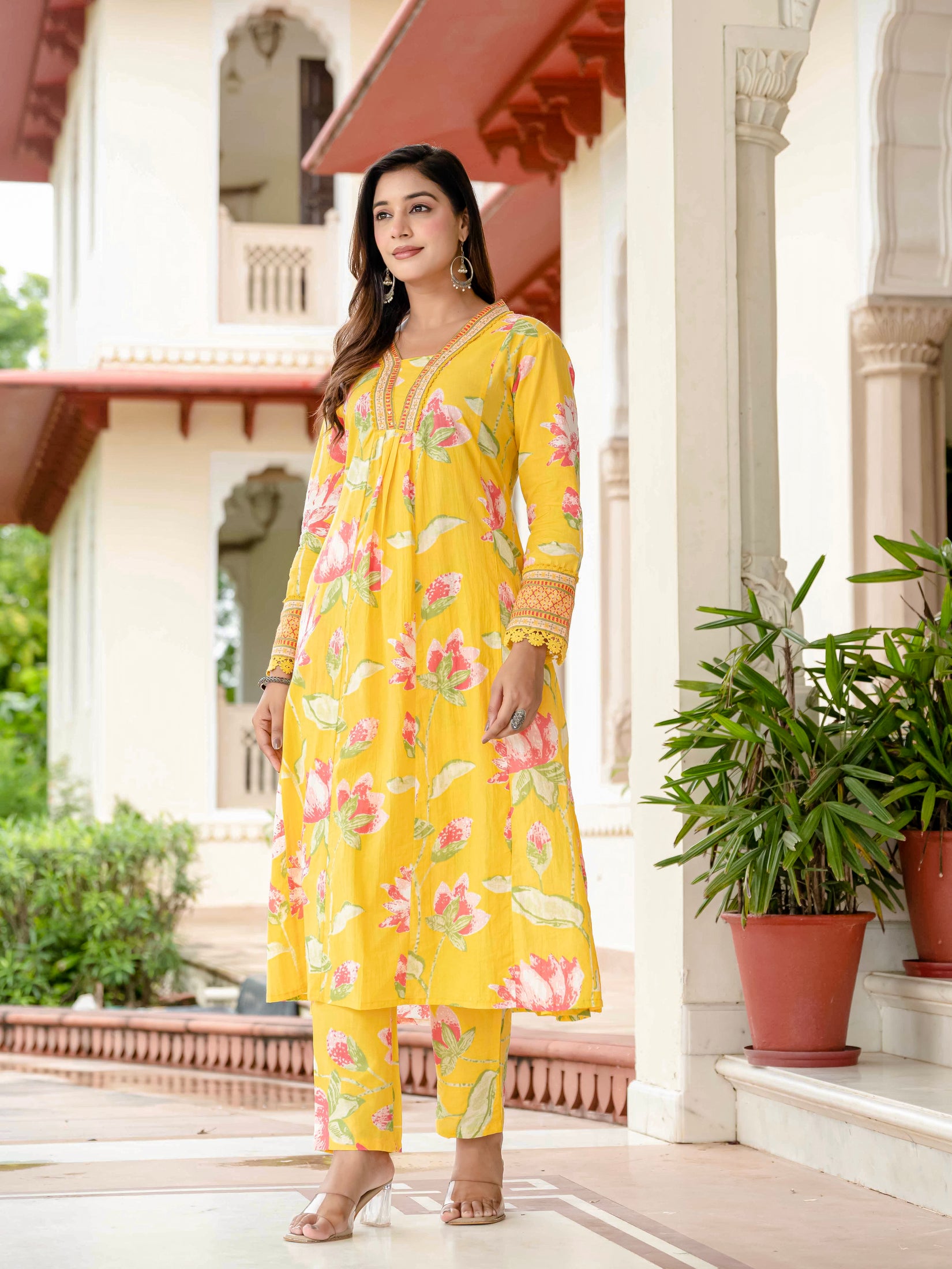 Cotton Yellow Floral Kurta Set with Pants & Dupatta