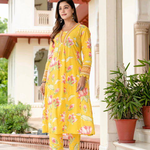Cotton Yellow Floral Kurta Set with Pants & Dupatta