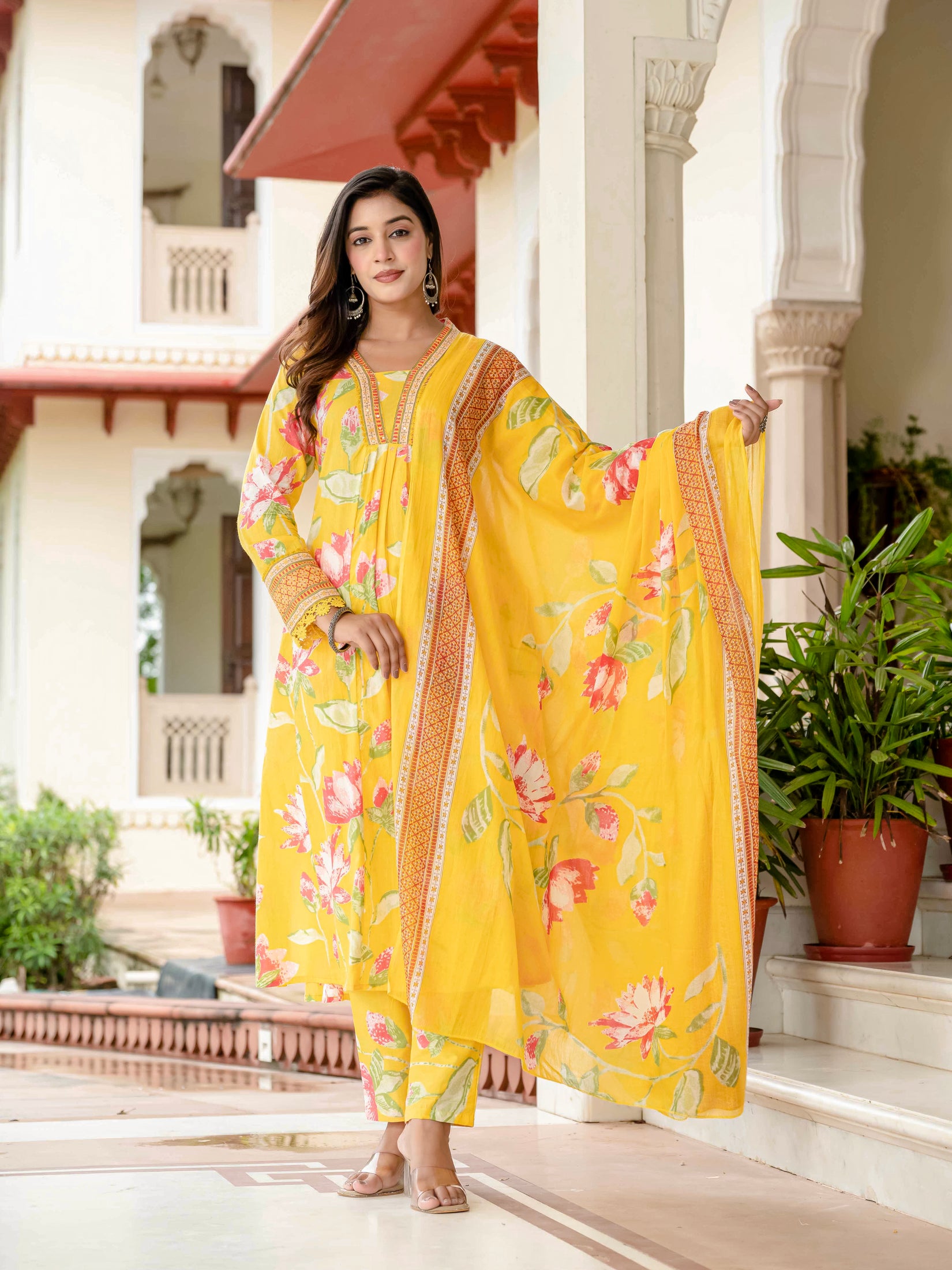 Cotton Yellow Floral Kurta Set with Pants & Dupatta
