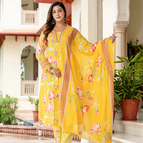 Cotton Yellow Floral Kurta Set with Pants & Dupatta