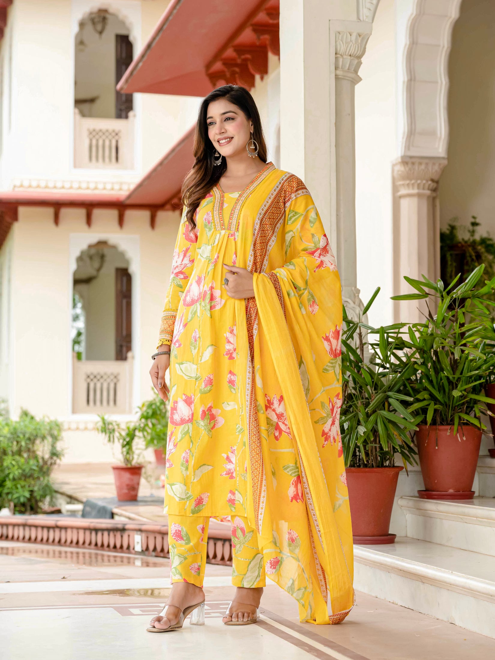 Cotton Yellow Floral Kurta Set with Pants & Dupatta