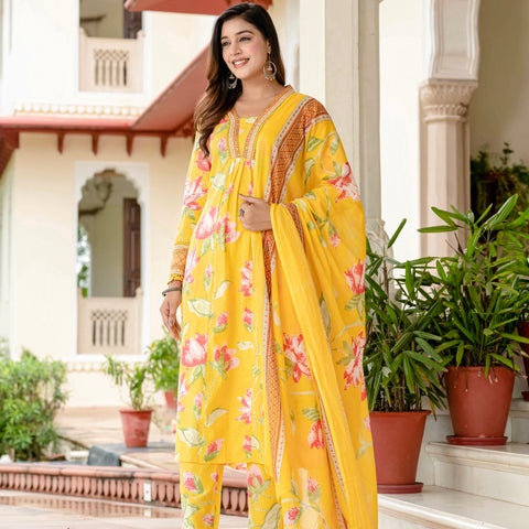 Cotton Yellow Floral Kurta Set with Pants & Dupatta