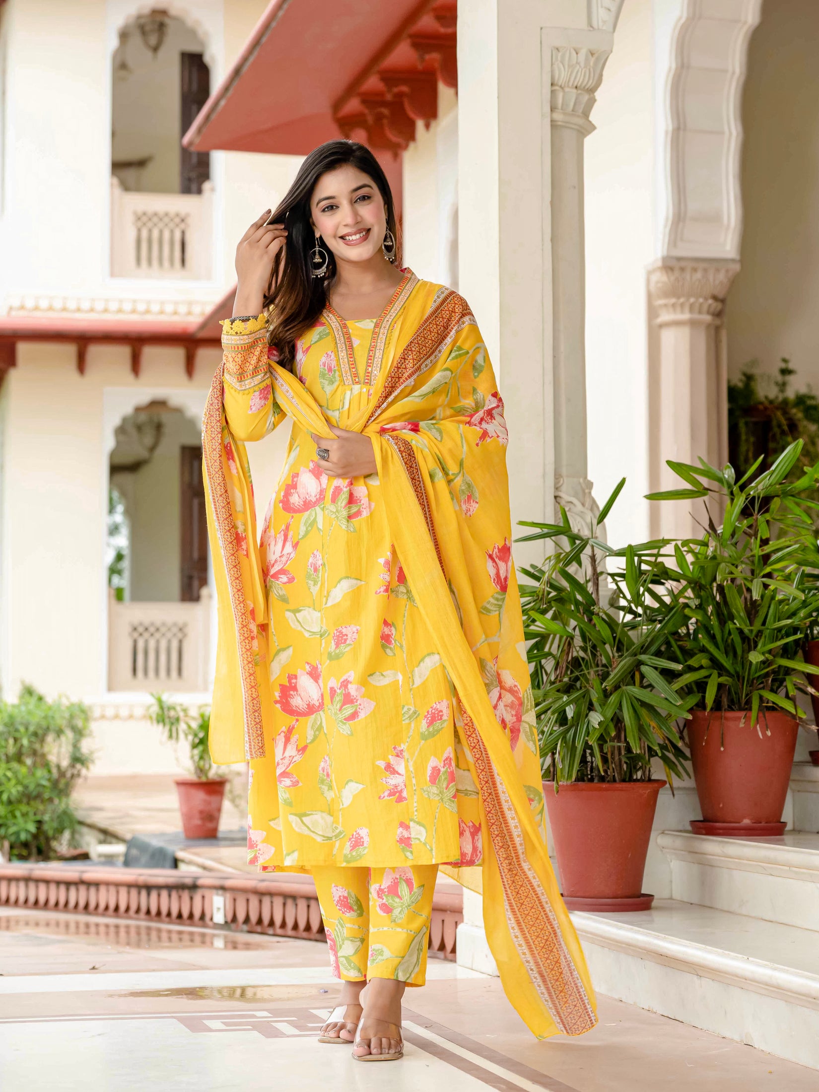Cotton Yellow Floral Kurta Set with Pants & Dupatta