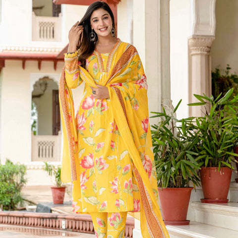 Cotton Yellow Floral Kurta Set with Pants & Dupatta