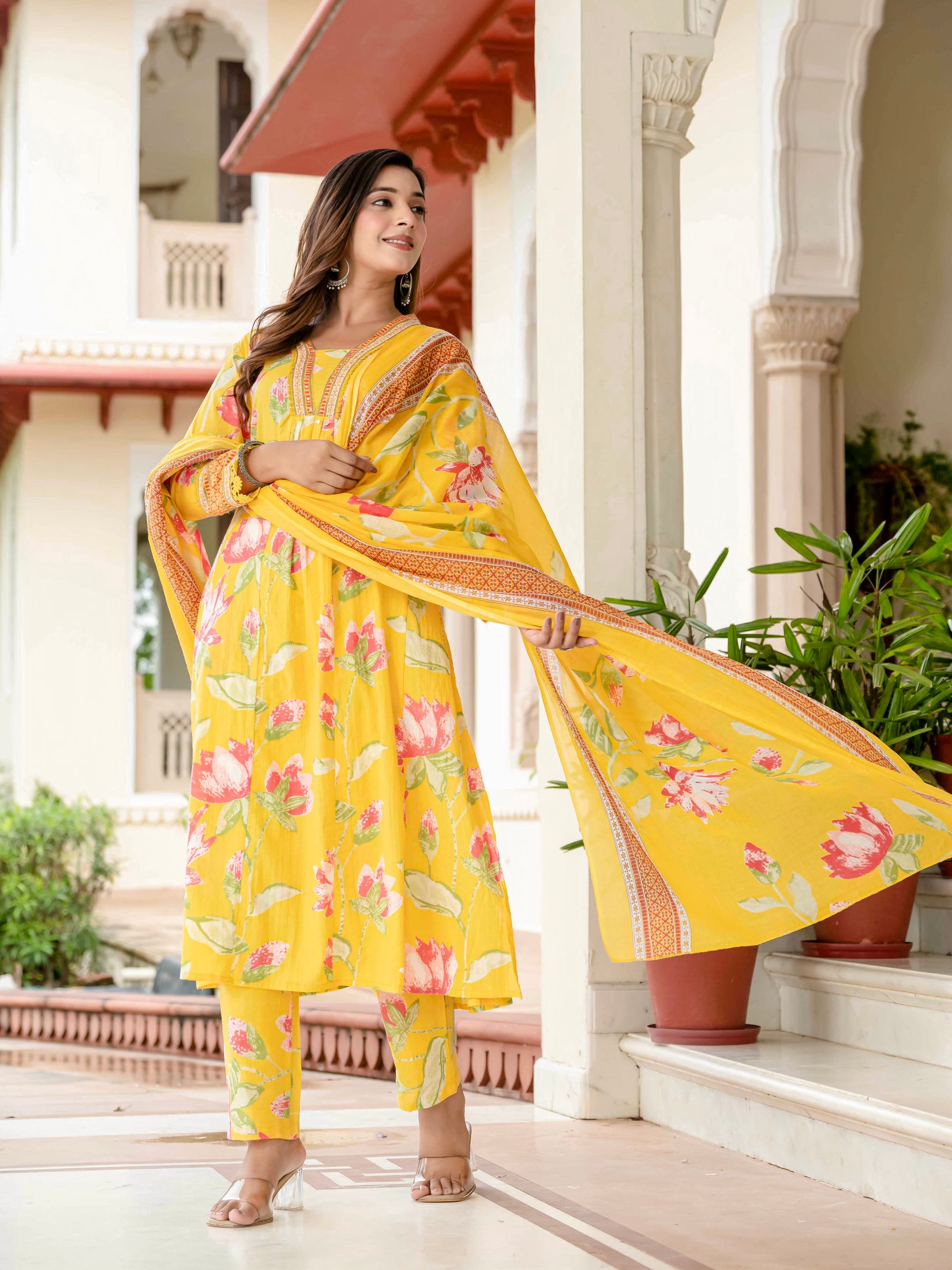 Cotton Yellow Floral Kurta Set with Pants & Dupatta