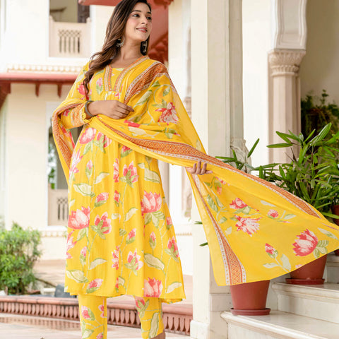 Cotton Yellow Floral Kurta Set with Pants & Dupatta