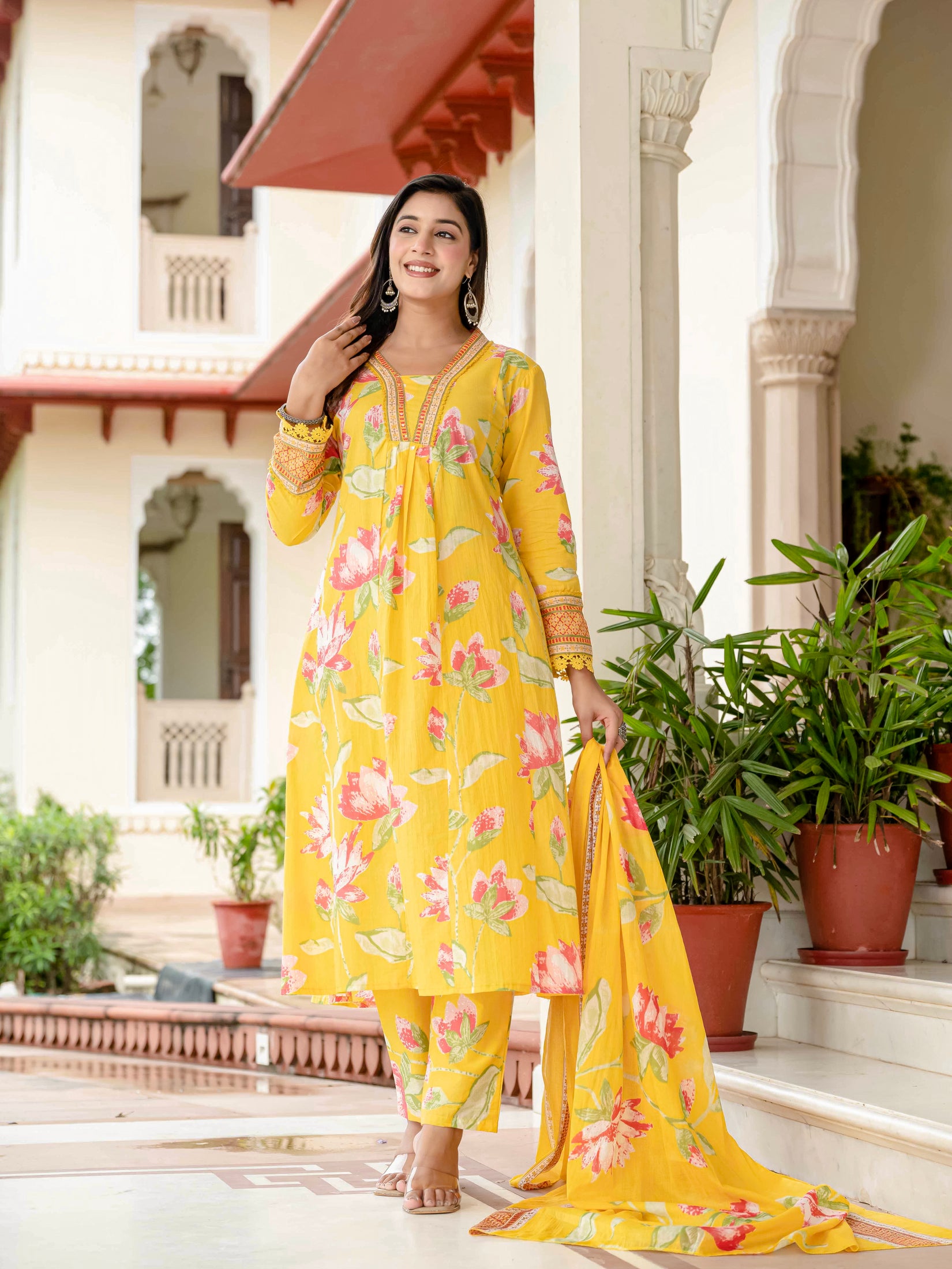 Cotton Yellow Floral Kurta Set with Pants & Dupatta