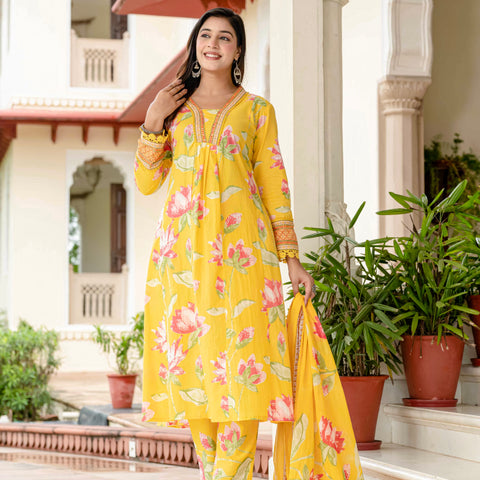 Cotton Yellow Floral Kurta Set with Pants & Dupatta