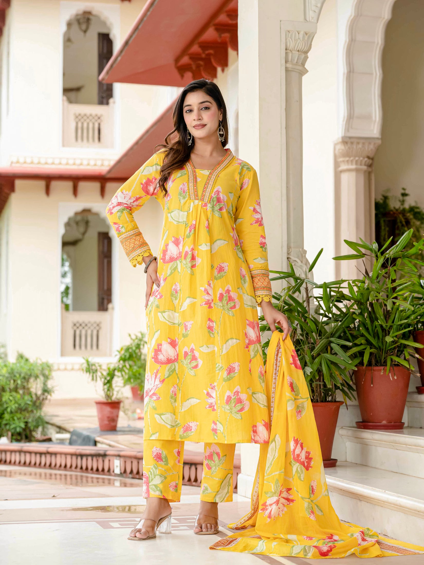 Cotton Yellow Floral Kurta Set with Pants & Dupatta