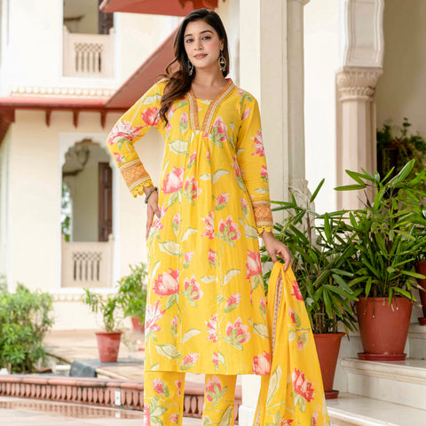 Cotton Yellow Floral Kurta Set with Pants & Dupatta