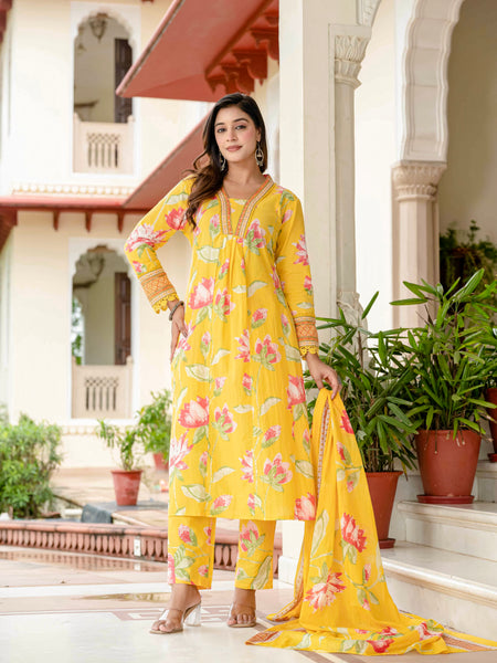 Cotton Yellow Floral Kurta Set with Pants & Dupatta