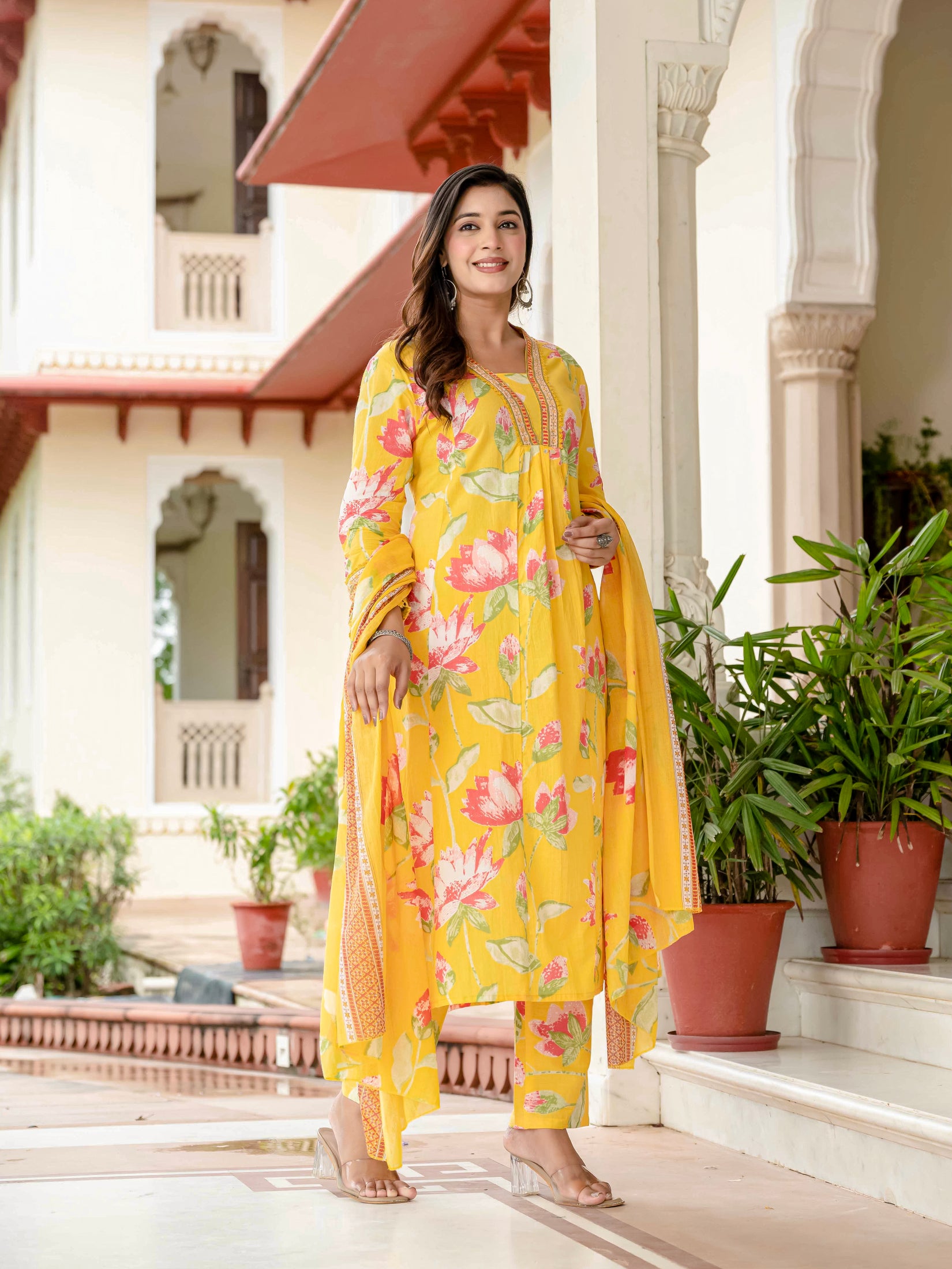 Cotton Yellow Floral Kurta Set with Pants & Dupatta