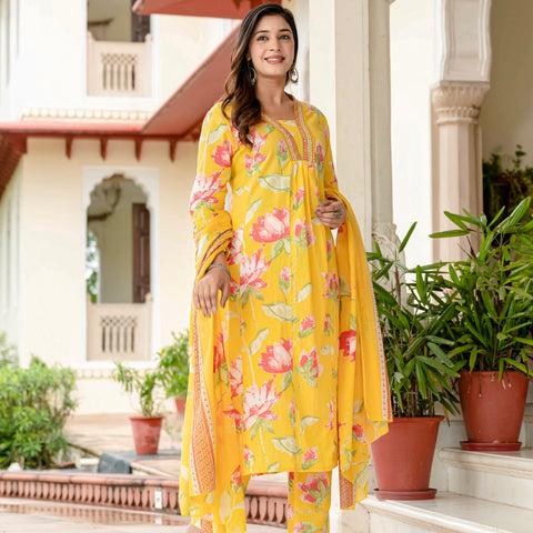 Cotton Yellow Floral Kurta Set with Pants & Dupatta