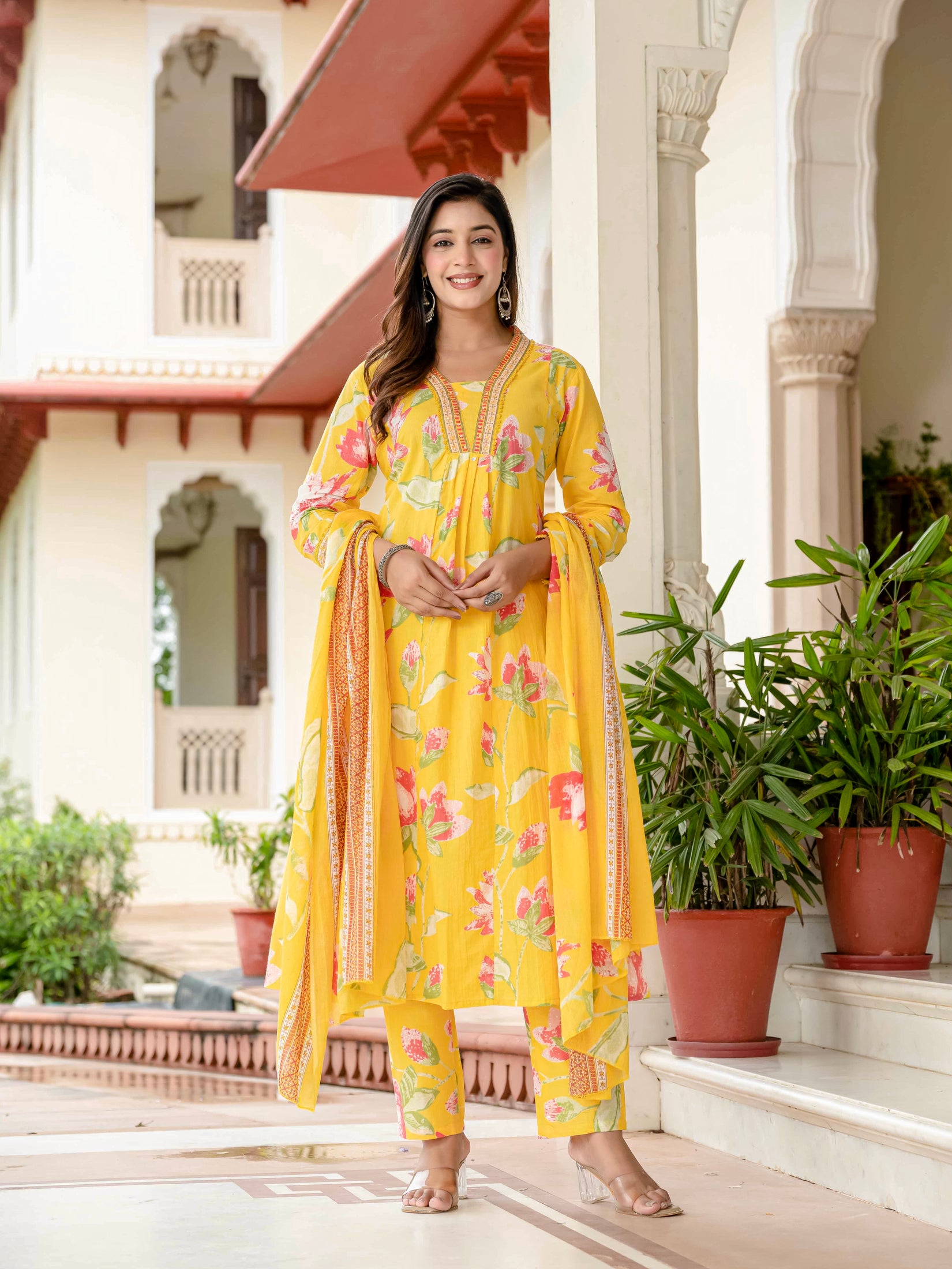 Cotton Yellow Floral Kurta Set with Pants & Dupatta
