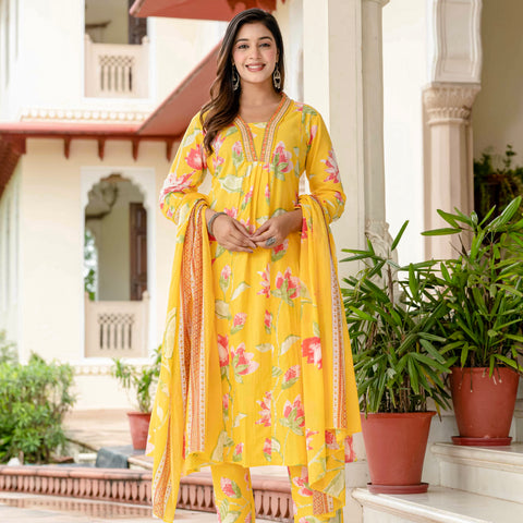 Cotton Yellow Floral Kurta Set with Pants & Dupatta