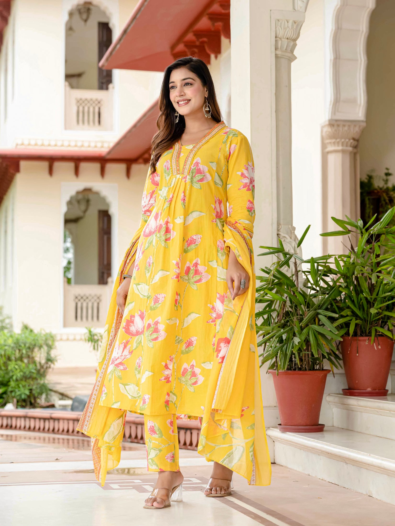 Cotton Yellow Floral Kurta Set with Pants & Dupatta