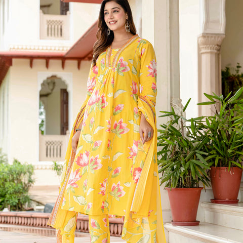 Cotton Yellow Floral Kurta Set with Pants & Dupatta