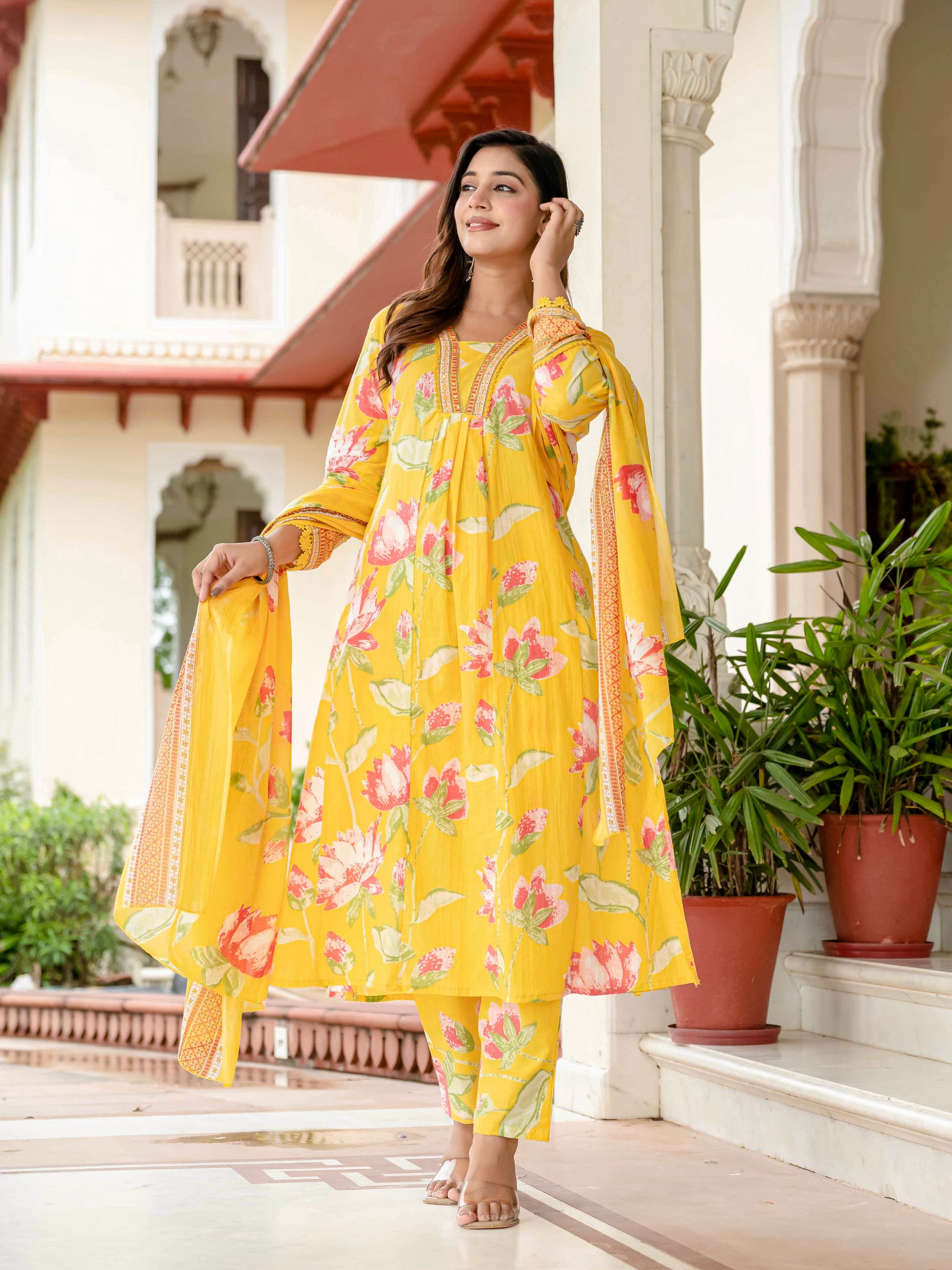 Cotton Yellow Floral Kurta Set with Pants & Dupatta