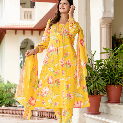 Cotton Yellow Floral Kurta Set with Pants & Dupatta