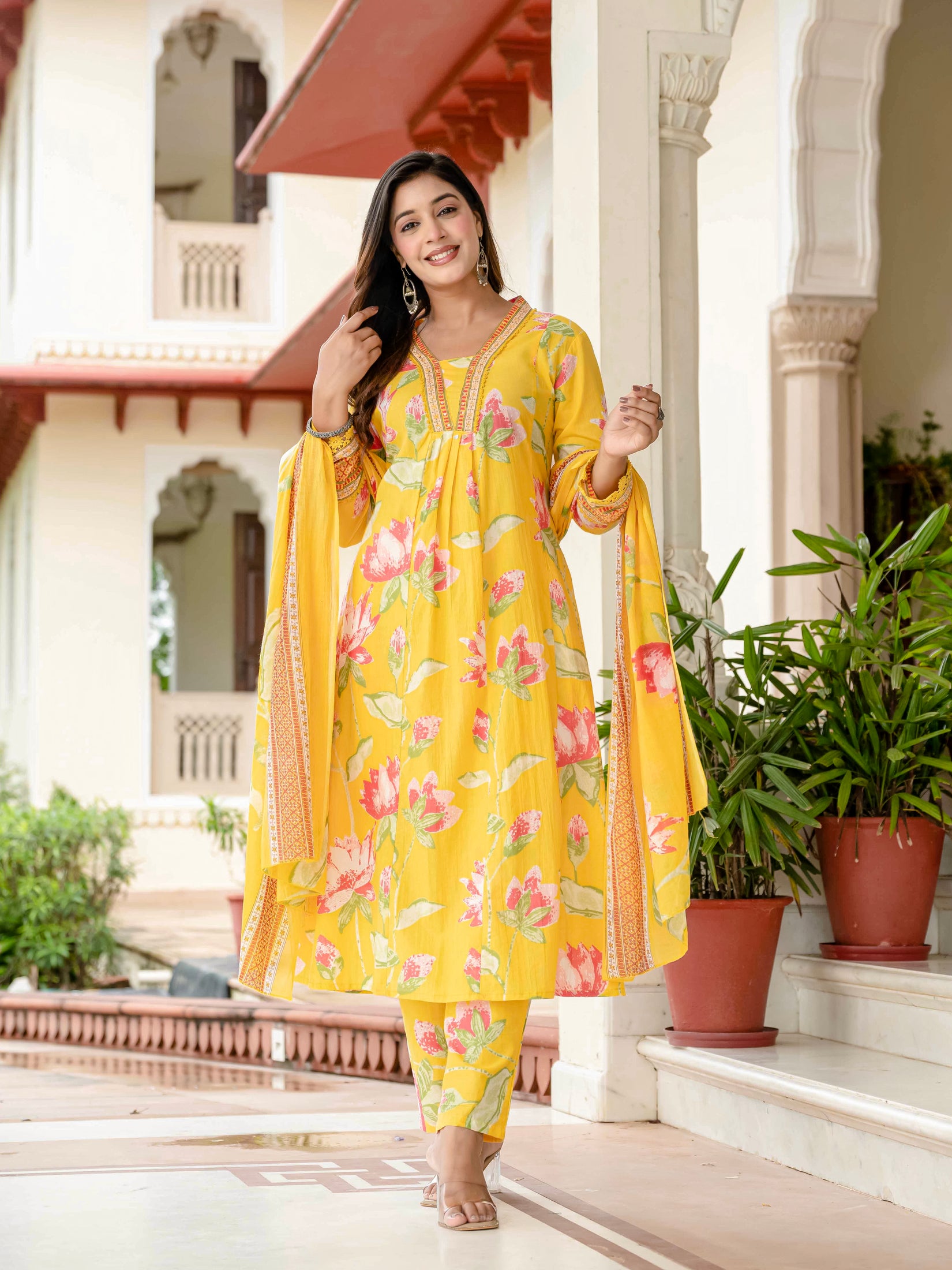 Cotton Yellow Floral Kurta Set with Pants & Dupatta