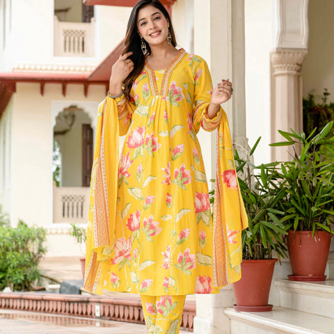 Cotton Yellow Floral Kurta Set with Pants & Dupatta