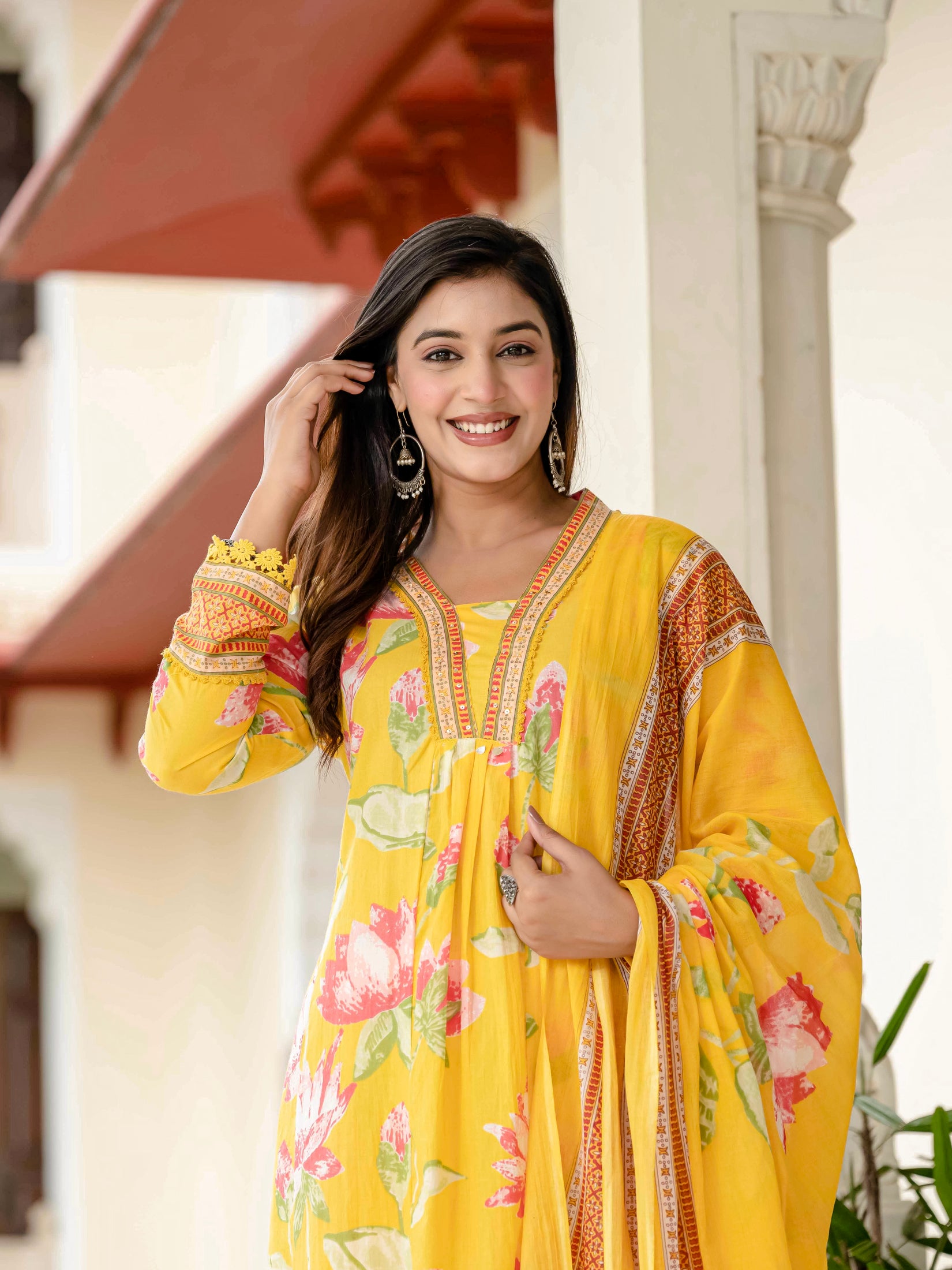 Cotton Yellow Floral Kurta Set with Pants & Dupatta