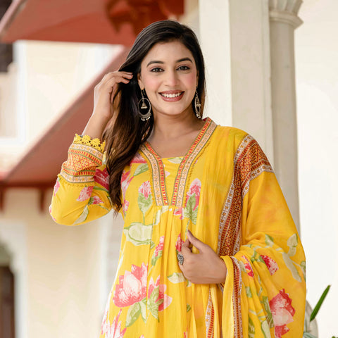 Cotton Yellow Floral Kurta Set with Pants & Dupatta