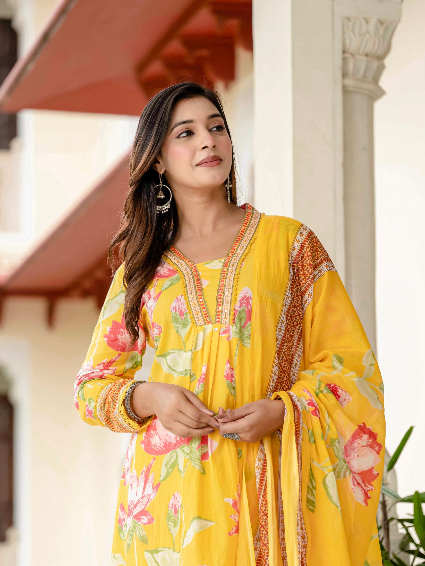 Cotton Yellow Floral Kurta Set with Pants & Dupatta