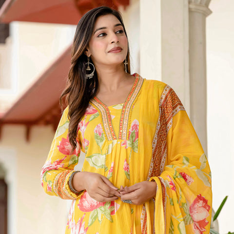 Cotton Yellow Floral Kurta Set with Pants & Dupatta