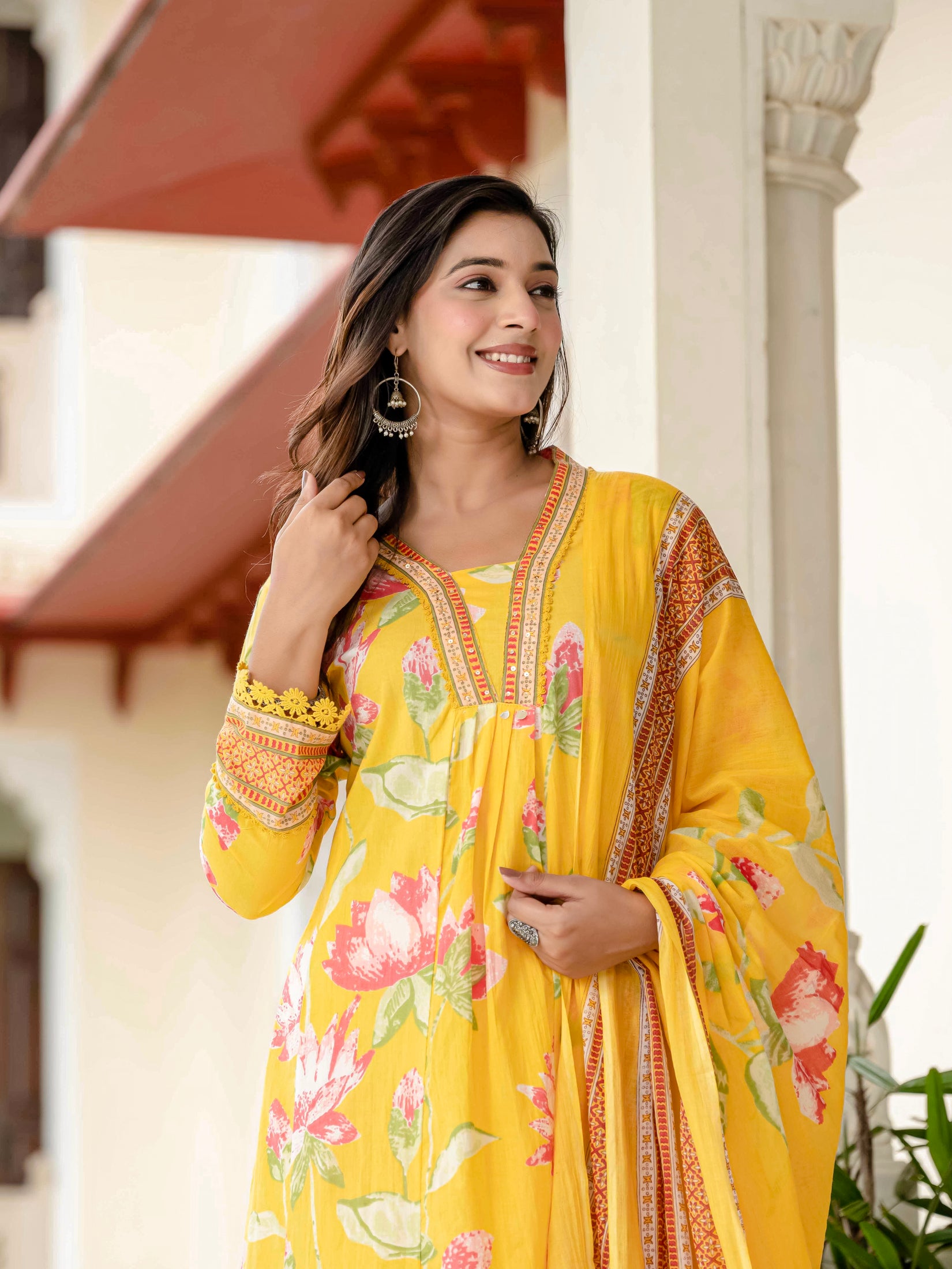 Cotton Yellow Floral Kurta Set with Pants & Dupatta