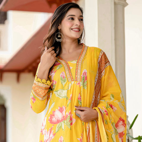 Cotton Yellow Floral Kurta Set with Pants & Dupatta
