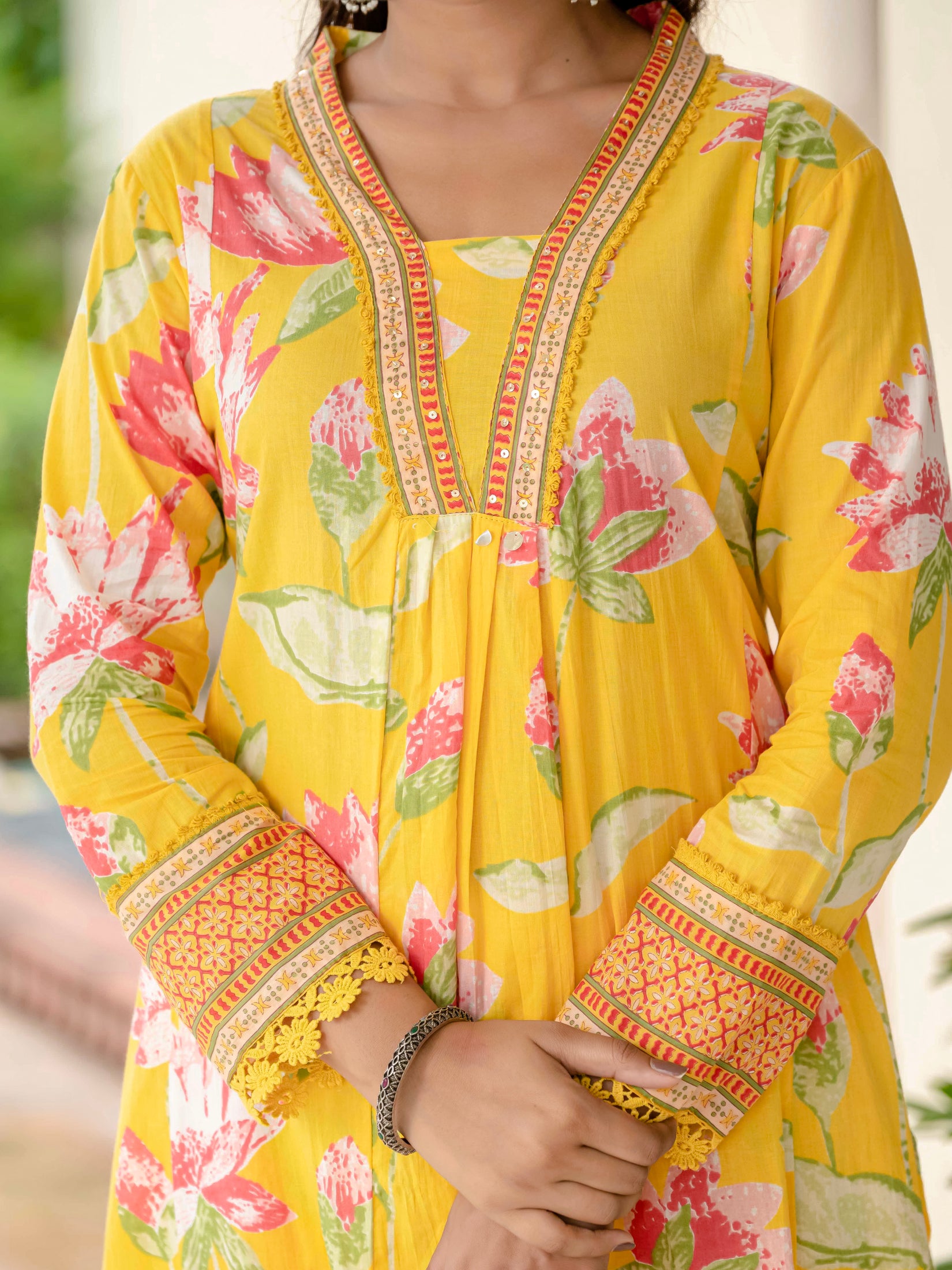 Cotton Yellow Floral Kurta Set with Pants & Dupatta