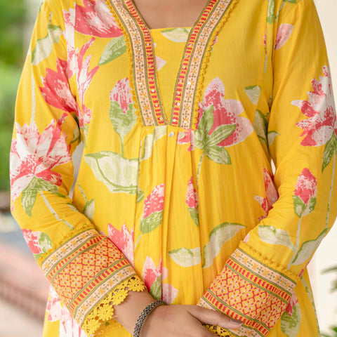 Cotton Yellow Floral Kurta Set with Pants & Dupatta