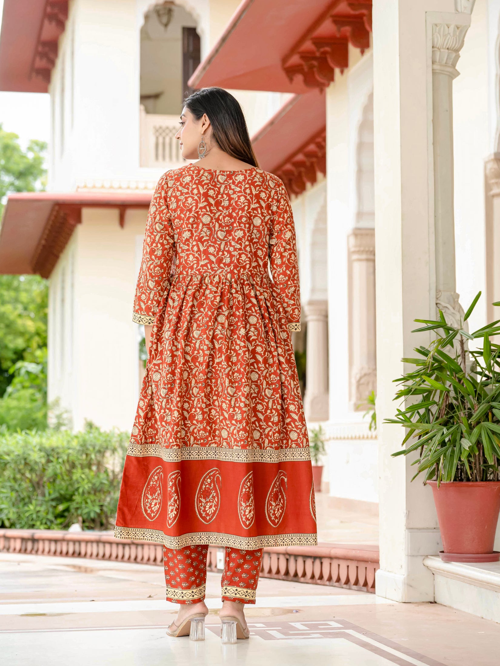 Floral Printed Rust Cotton Kurta Set with Dupatta