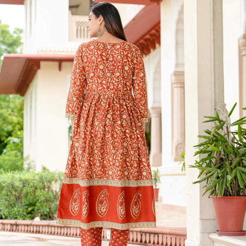Floral Printed Rust Cotton Kurta Set with Dupatta