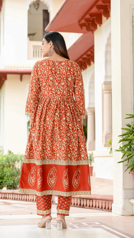 Ebbani Women’s Ethnic Printed Rust Floral Cotton Kurta Set with Dupatta