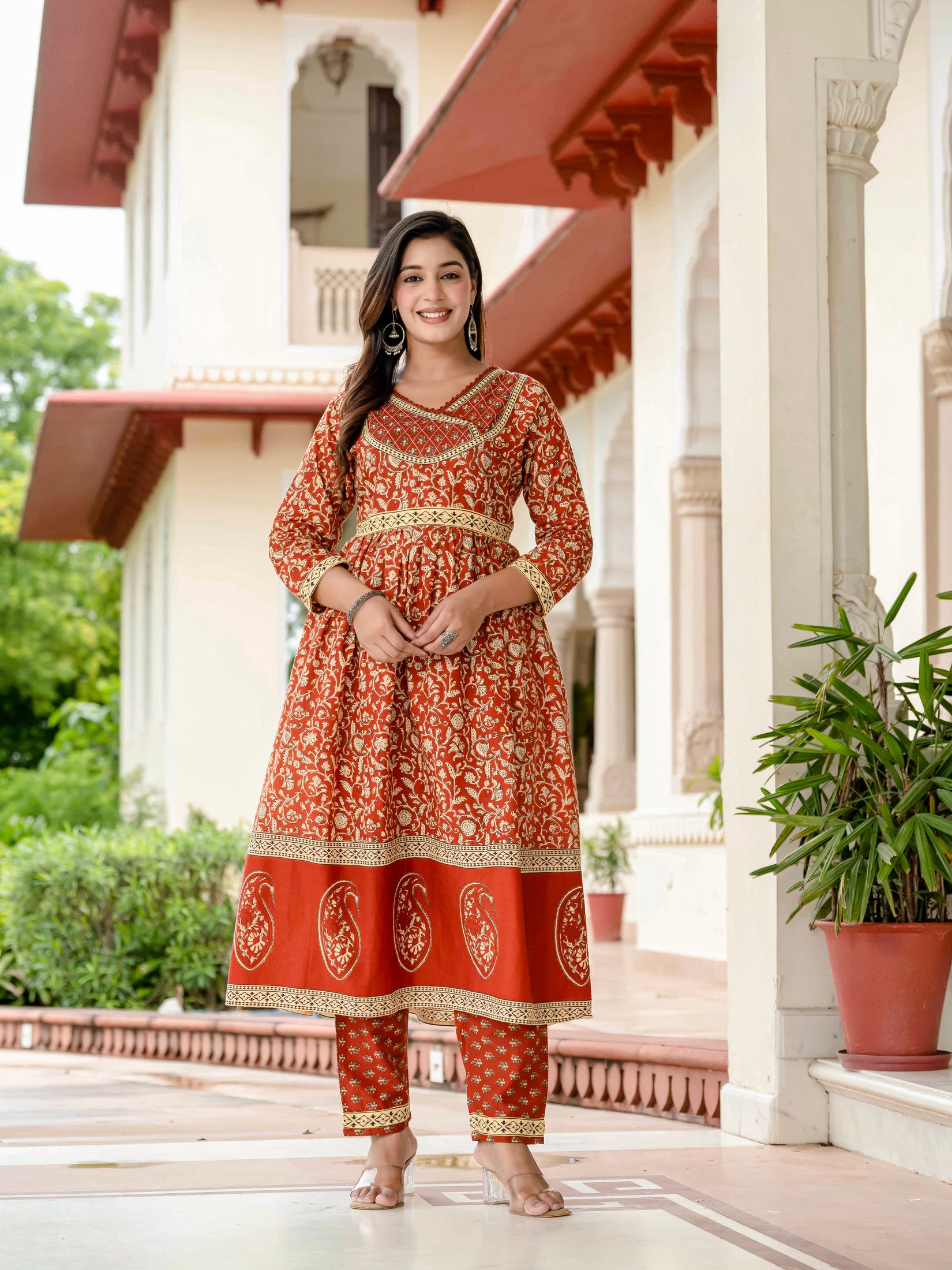 Floral Printed Rust Cotton Kurta Set with Dupatta