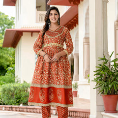 Ebbani Women’s Ethnic Printed Rust Floral Cotton Kurta Set with Dupatta