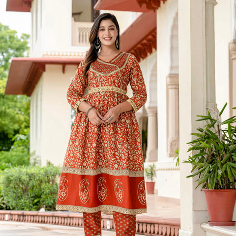 Floral Printed Rust Cotton Kurta Set with Dupatta
