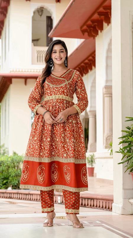 Ebbani Women’s Ethnic Printed Rust Floral Cotton Kurta Set with Dupatta