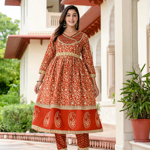 Floral Printed Rust Cotton Kurta Set with Dupatta