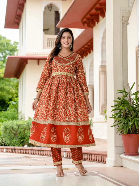 Floral Printed Rust Cotton Kurta Set with Dupatta