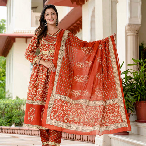 Floral Printed Rust Cotton Kurta Set with Dupatta
