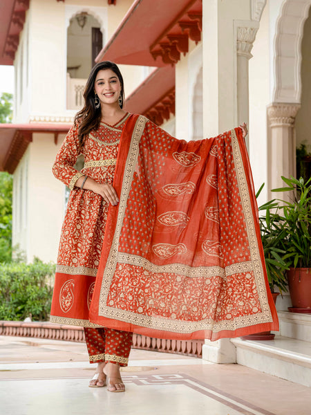 Ebbani Women’s Ethnic Printed Rust Floral Cotton Kurta Set with Dupatta