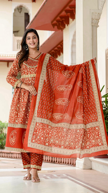 Ebbani Women’s Ethnic Printed Rust Floral Cotton Kurta Set with Dupatta