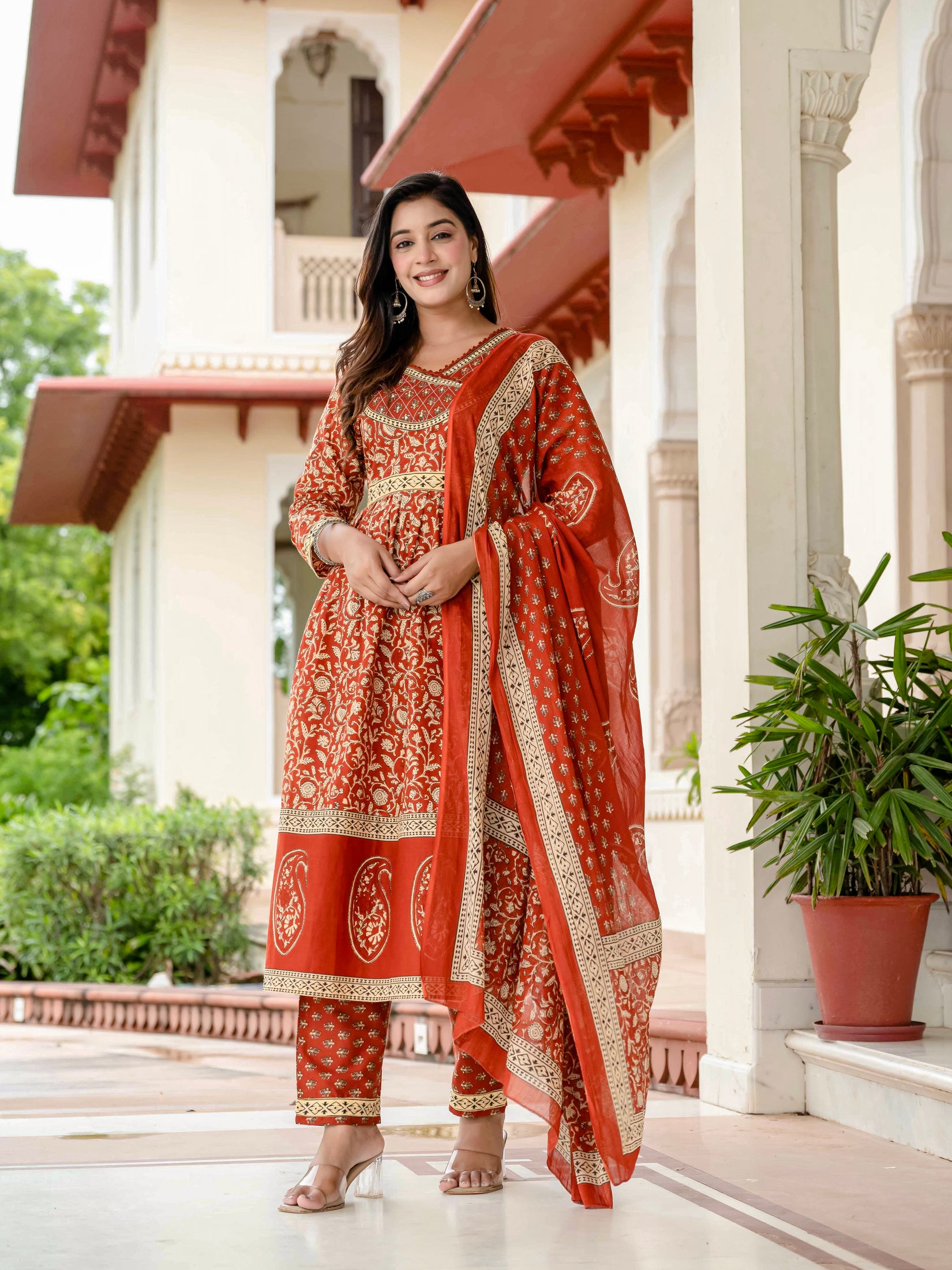 Floral Printed Rust Cotton Kurta Set with Dupatta