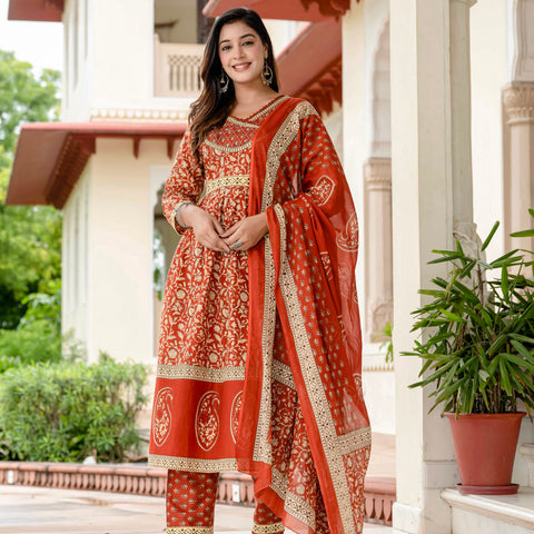 Floral Printed Rust Cotton Kurta Set with Dupatta