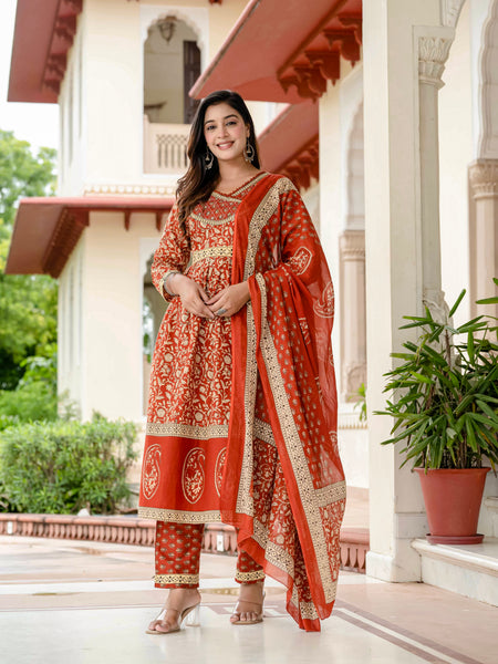 Ebbani Women’s Ethnic Printed Rust Floral Cotton Kurta Set with Dupatta