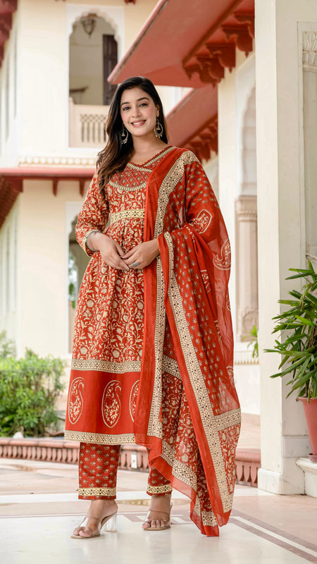 Ebbani Women’s Ethnic Printed Rust Floral Cotton Kurta Set with Dupatta