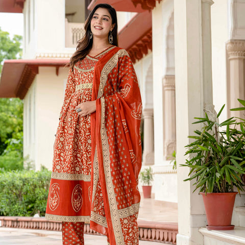 Floral Printed Rust Cotton Kurta Set with Dupatta